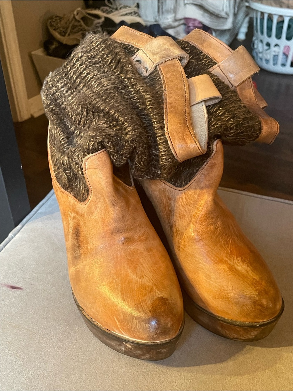 Bed Stu Tan Leather & Brown Knit Ankle Booties